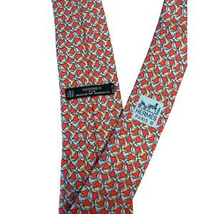 HERMES for HOUSE OF HINDUJA Silk Twill Tie Geometric Red/Blue Chain Paris France